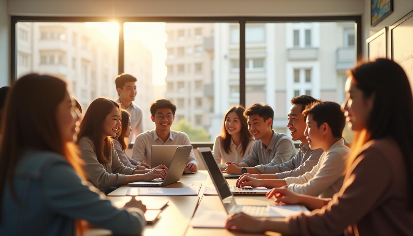 International students in a modern Seoul classroom, learning Korean together